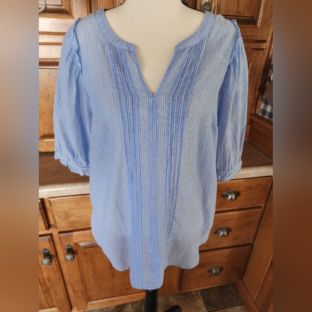 Talbots Band Collar Popover Sunny Stripe Blue and White Plus Size X - Picture 3 of 12
